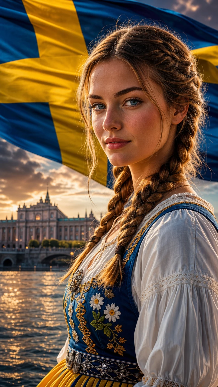 Swedish woman in traditional dress before waving national flag