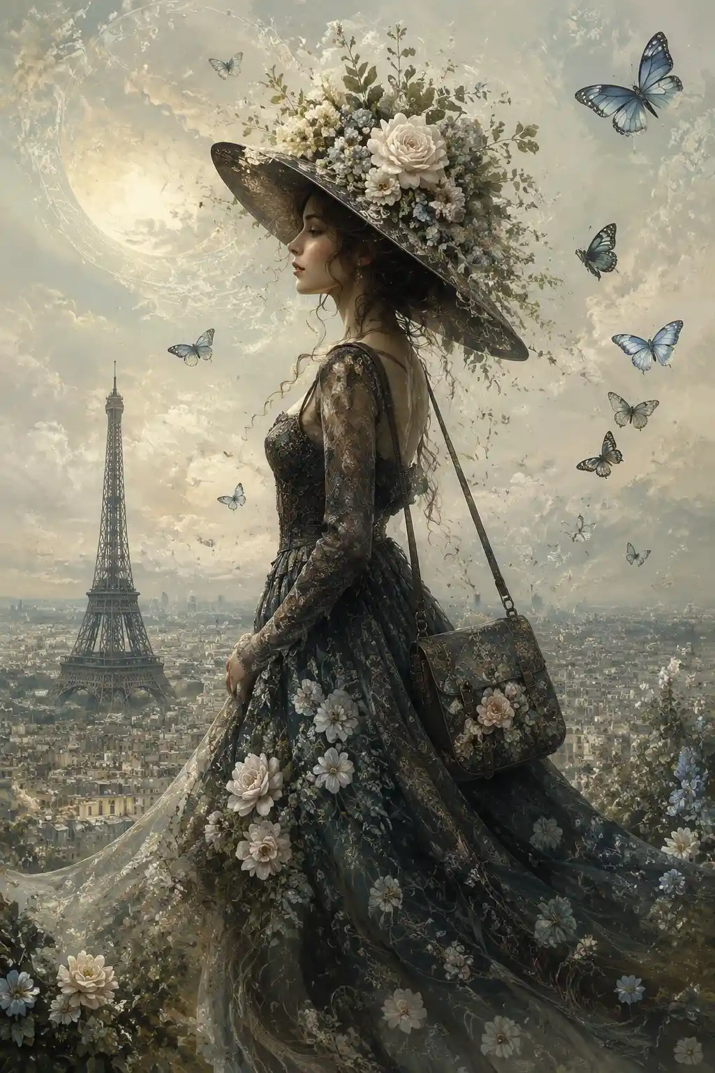 Woman in floral hat with butterflies by the Eiffel Tower