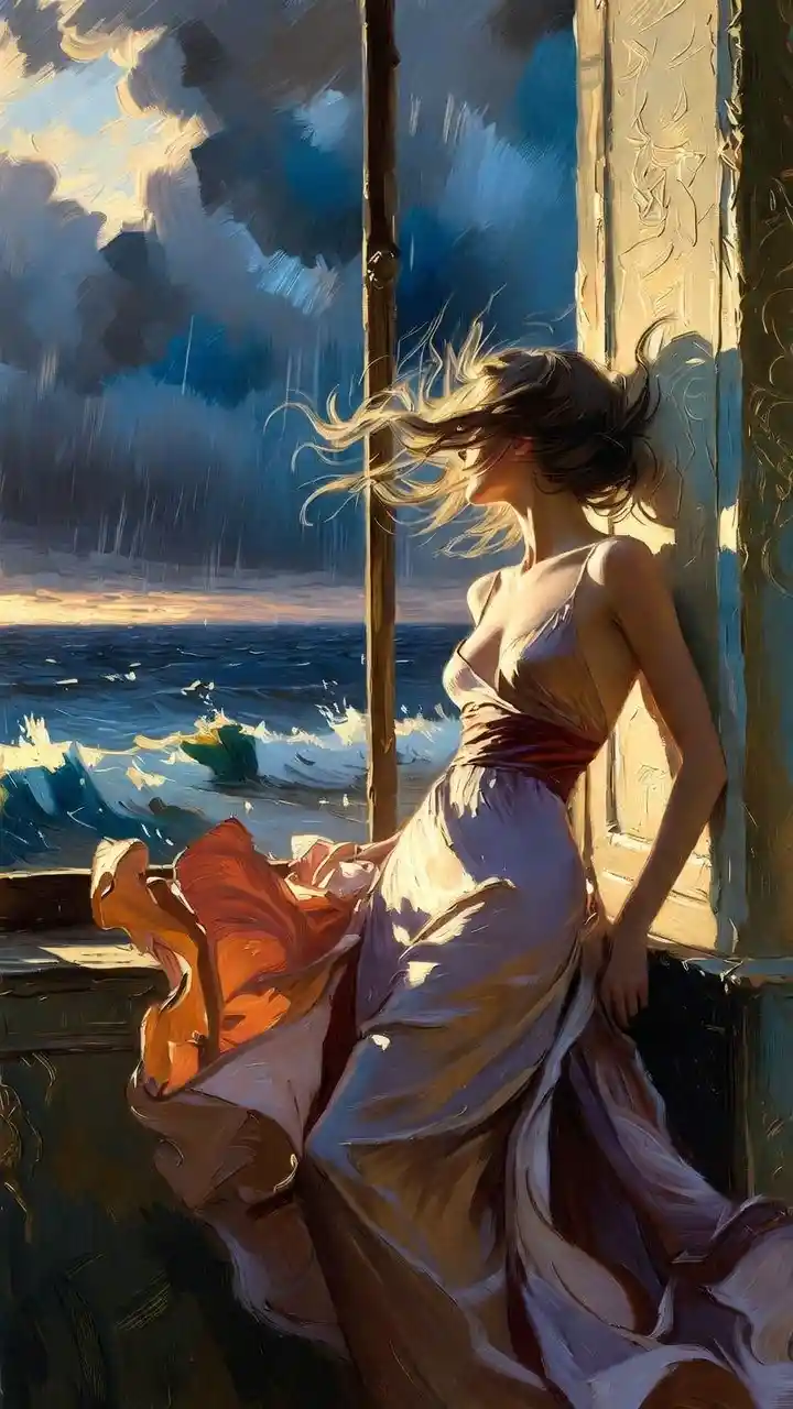 Elegant woman by a stormy sea window in silk dress