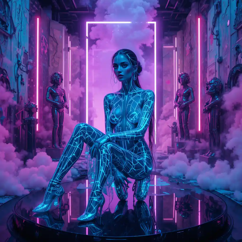 Futuristic techno goddess in neon cyber noir fashion