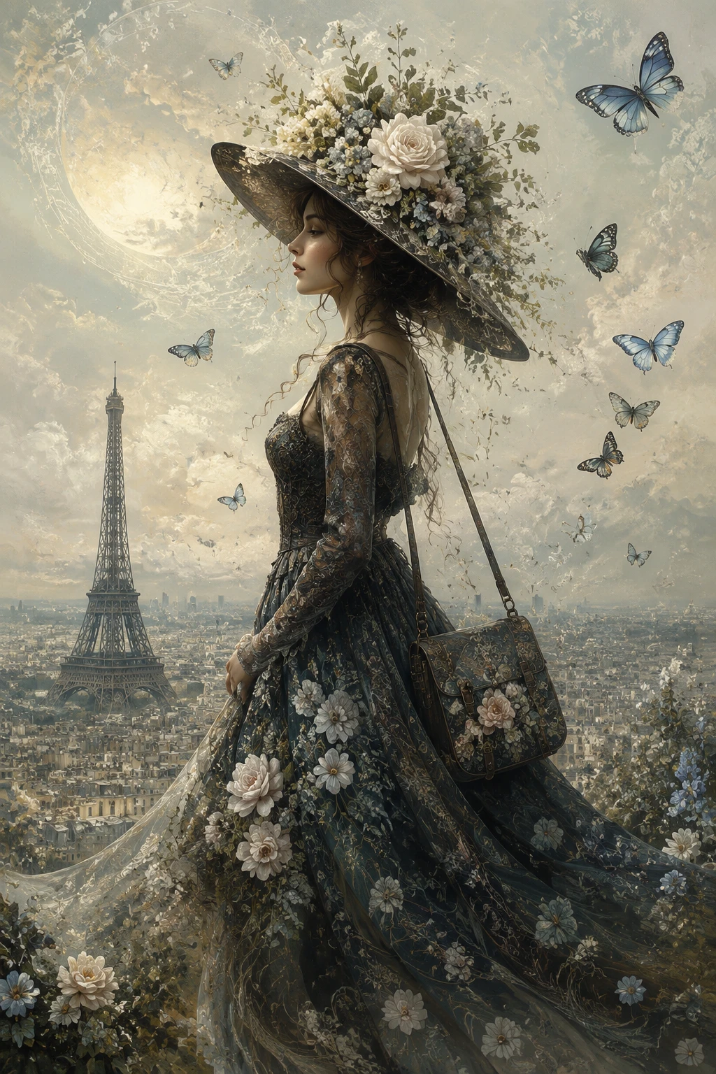 Woman in floral hat with butterflies by the Eiffel Tower