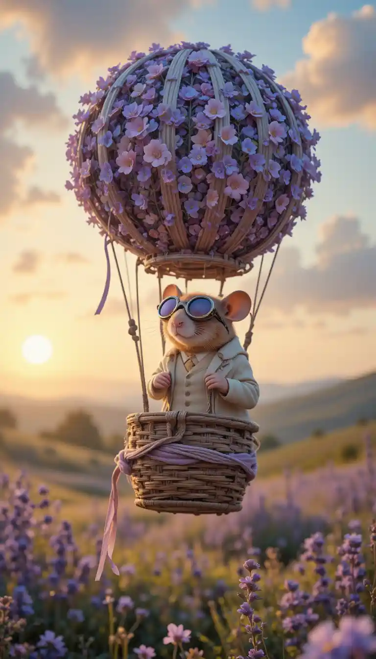 Field mouse in a lavender hot air balloon at sunrise