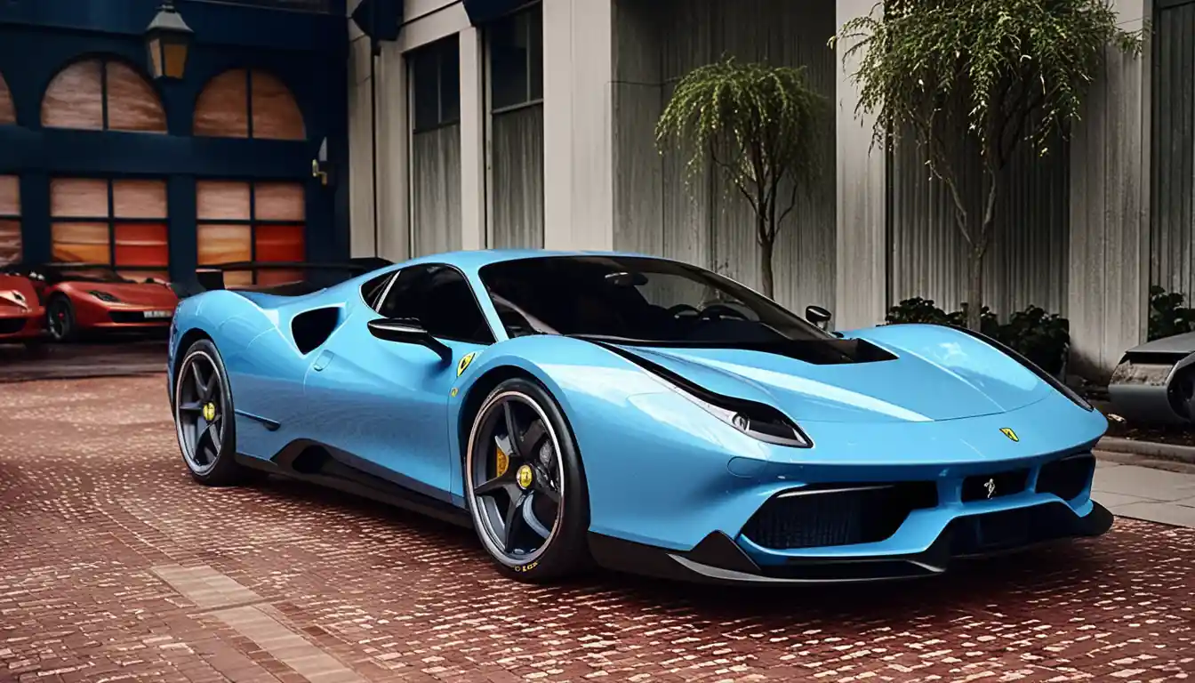 Aggressive blue sports car racing through neon city streets