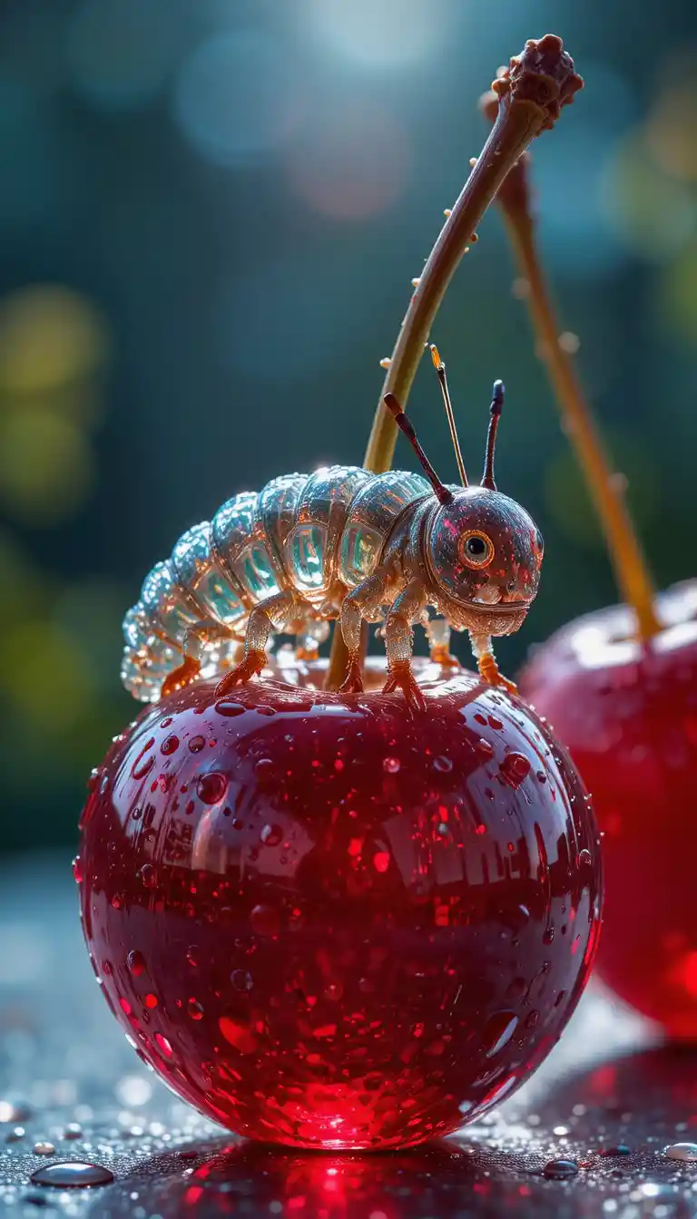 Glowing Transparent Ruby Cherries With Dew And Caterpillar