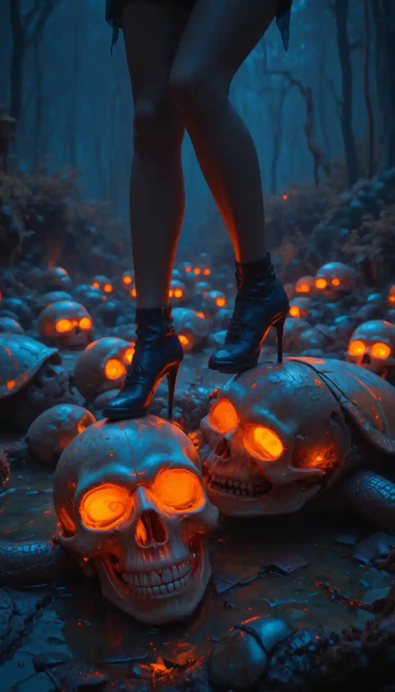 Woman walking at night across glowing turtle island heads