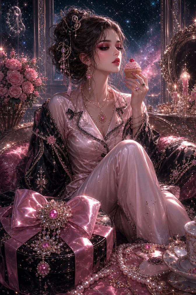 Elegant woman lounging in silk pajamas with cupcake