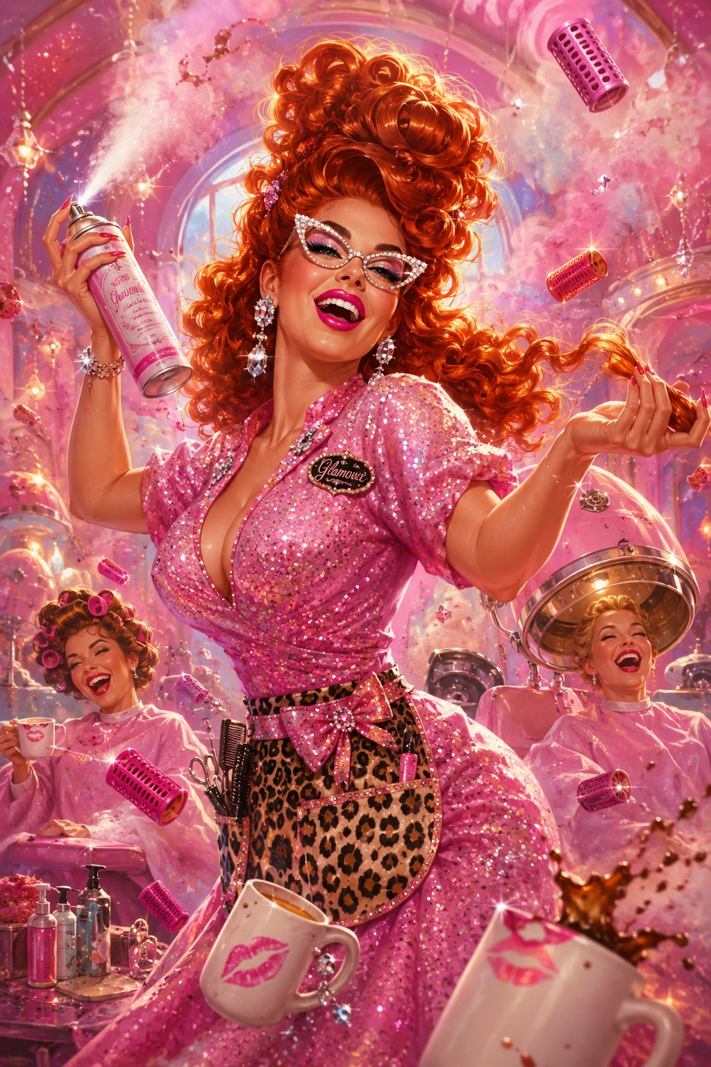 Glamorous retro hairstylist in a pastel beauty salon