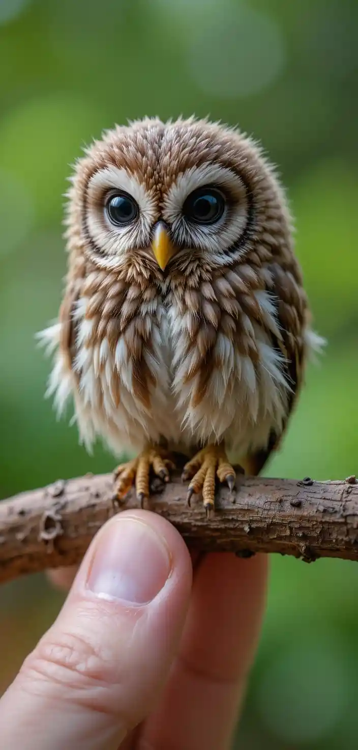 Tiny owl resting on a hand held tree branch