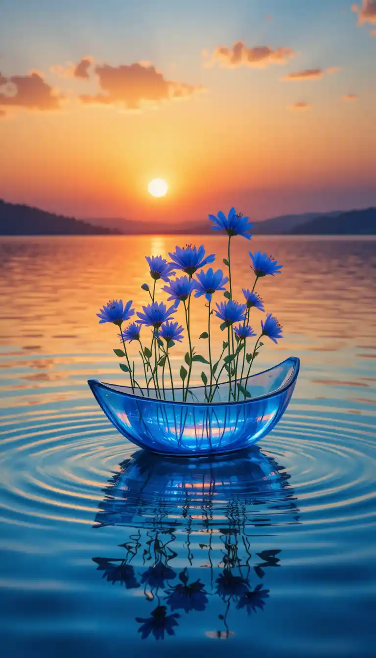 Glass boat of blue flowers on a calm reflective lake