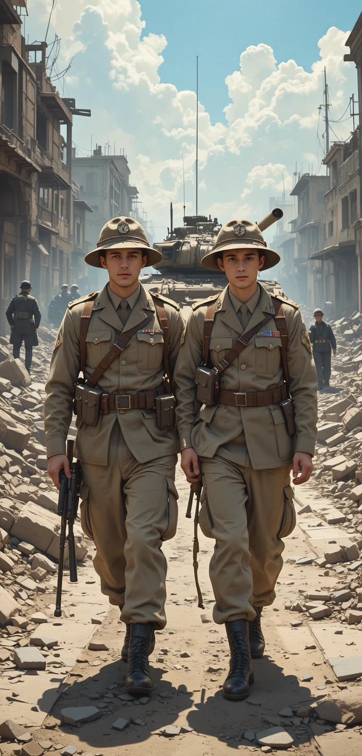 Two soldiers walking through a ruined war torn city street