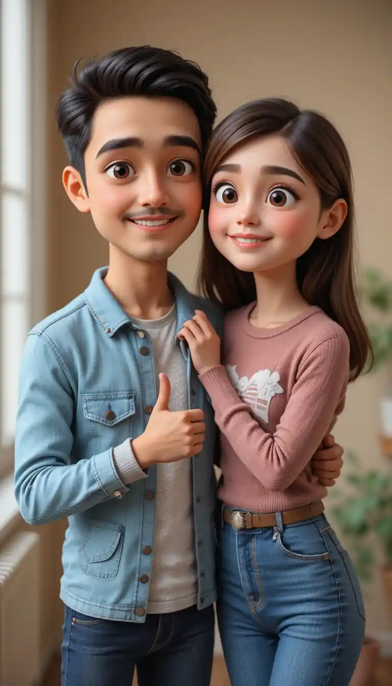 Woman posing with her playful 3D cartoon double