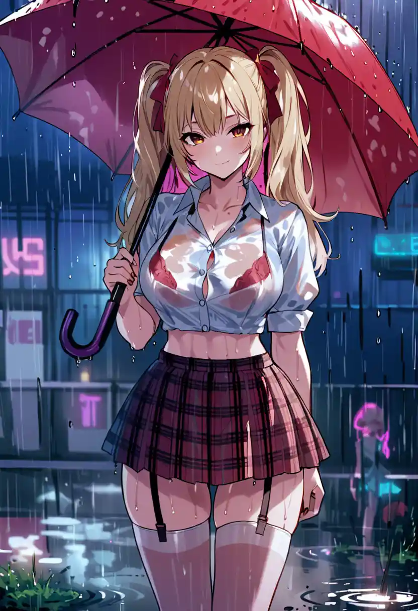Anime girl with red umbrella in rainy school courtyard