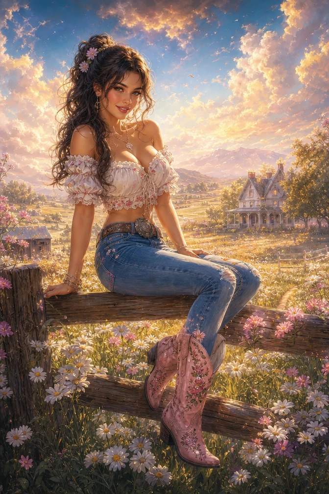 Playful brunette pin up on fence in blooming country farm