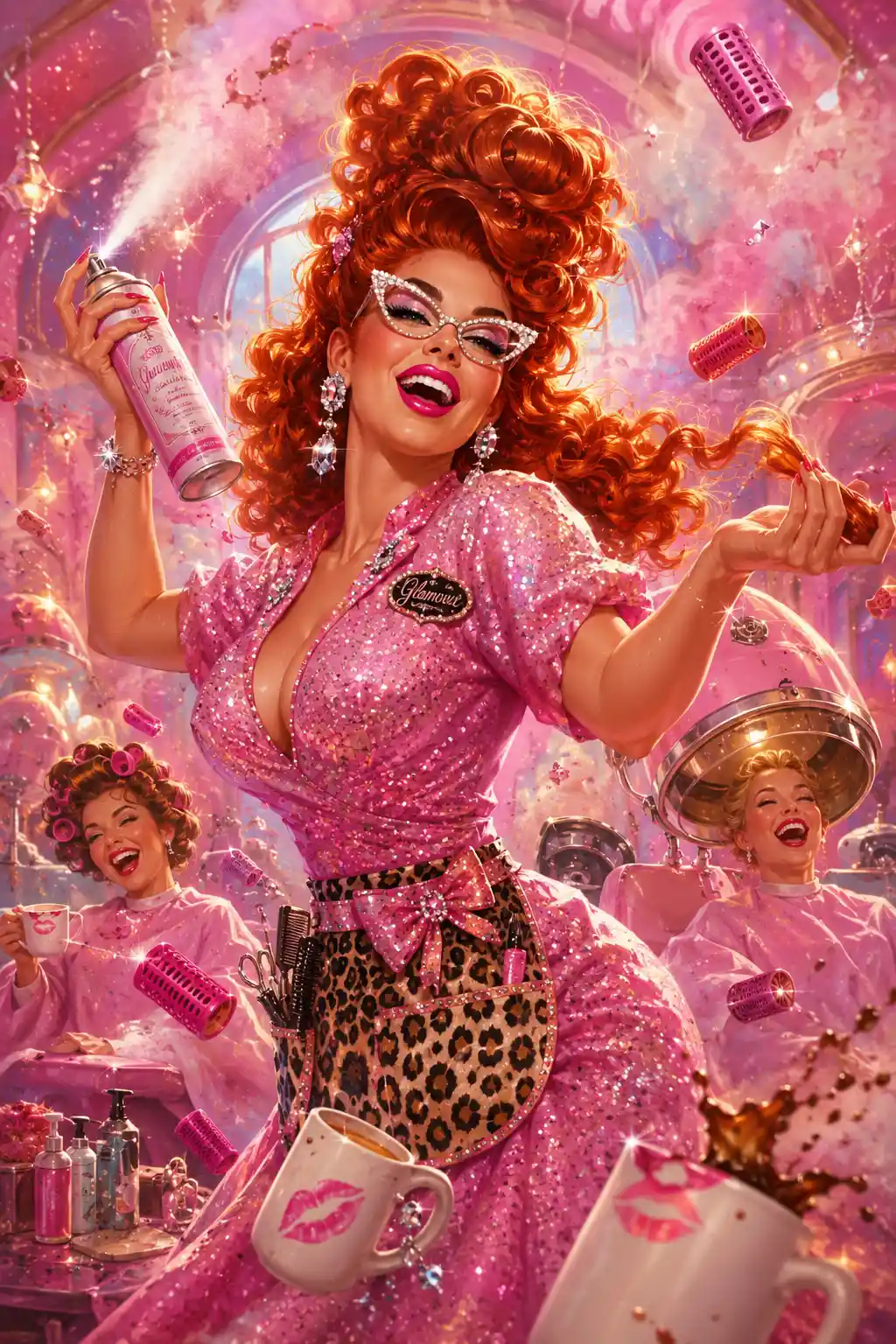 Glamorous retro hairstylist in a pastel beauty salon