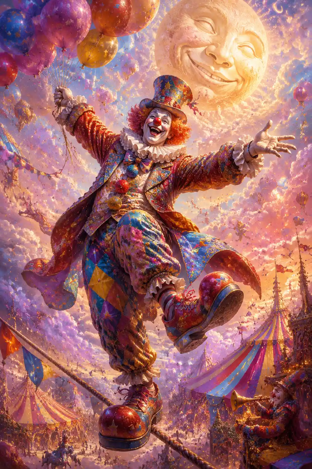 Joyful clown under a colorful candy sky with balloons