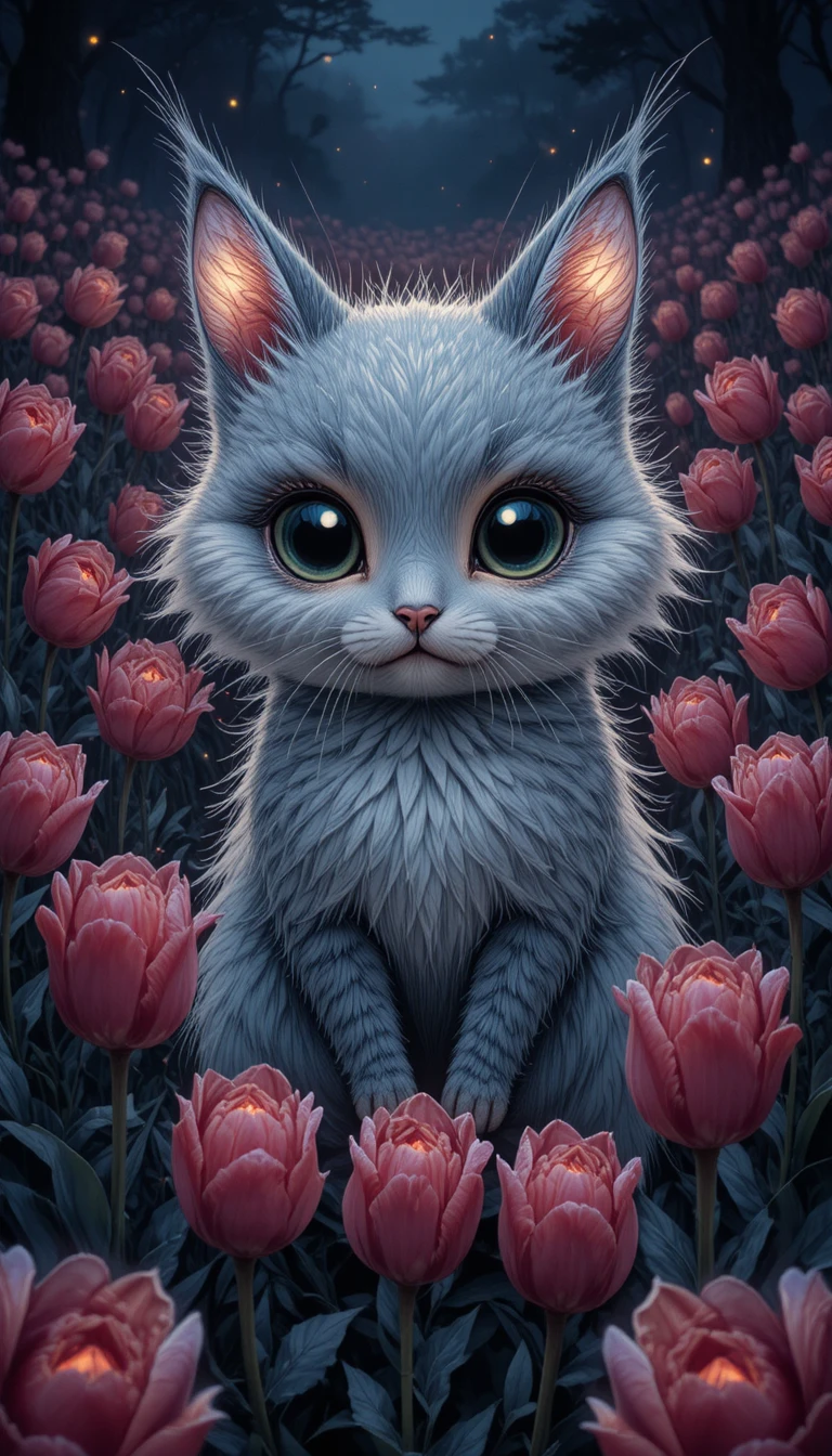Fluffy gray creature glowing among burgundy tulips at night