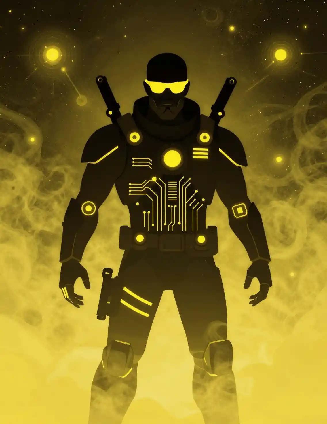 Futuristic sci fi man with neon claws and pistols