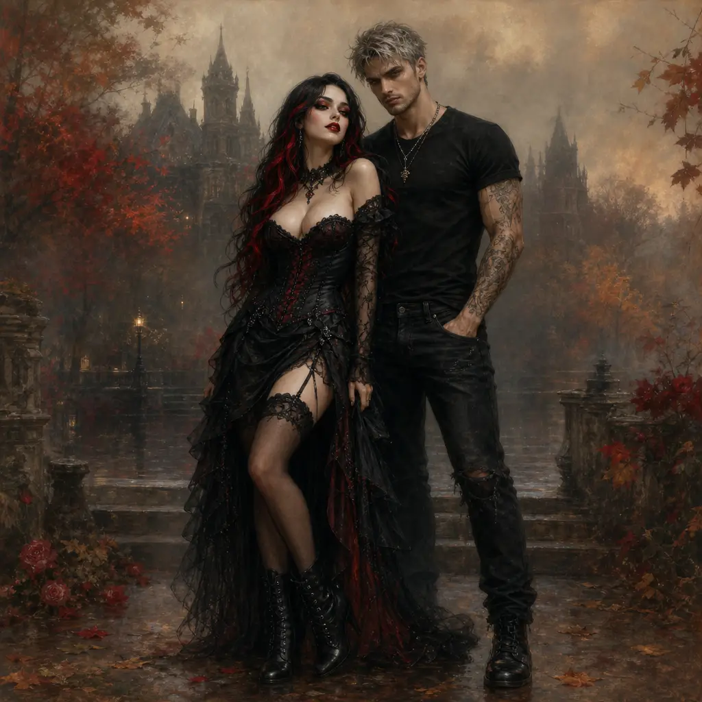 Gothic woman in thick fog oil painting with warm tones