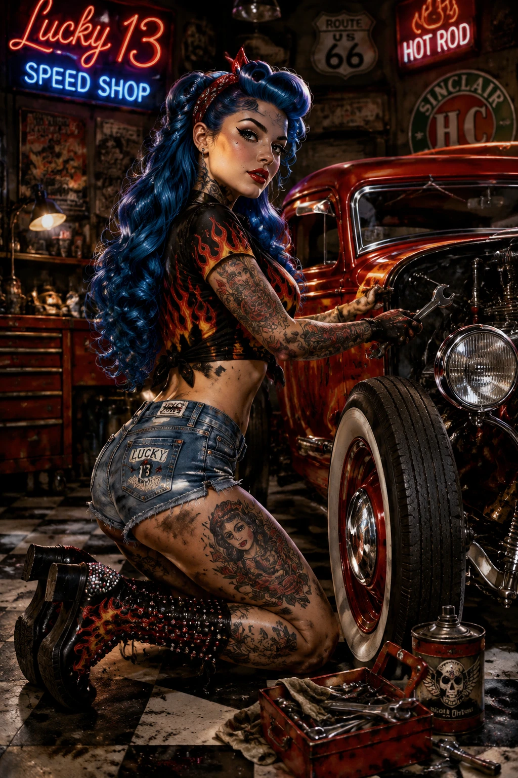 Rockabilly mechanic woman fixing a cherry red hot rod
