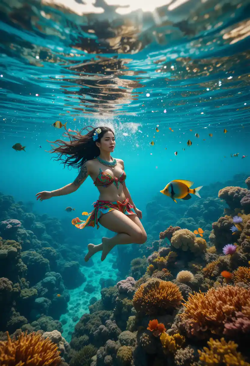 Polynesian woman swimming above a sunlit coral reef