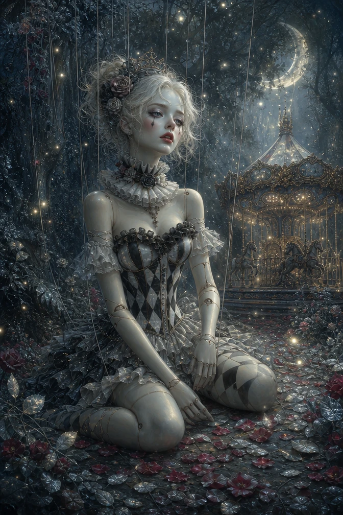 Marionette woman in an enchanted forest with fireflies