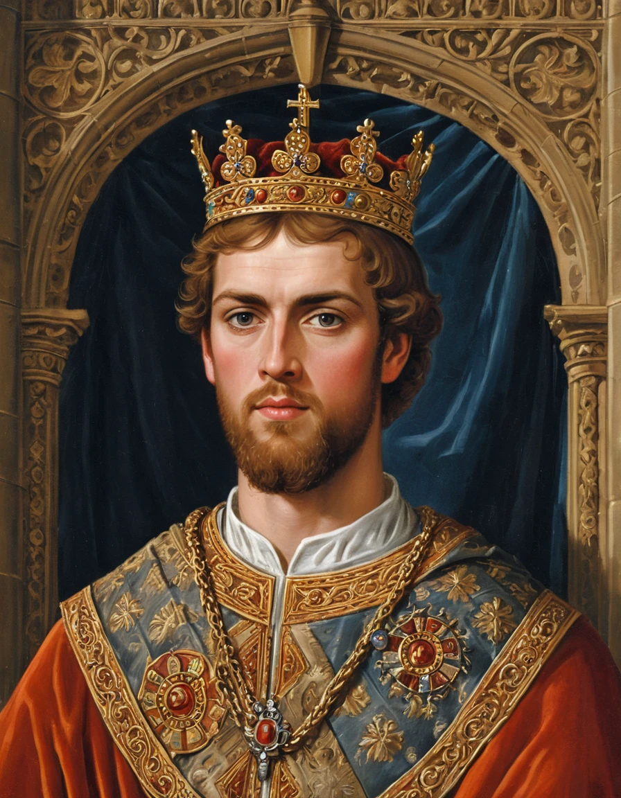 Young medieval king portrayed in regal Anglo Saxon style