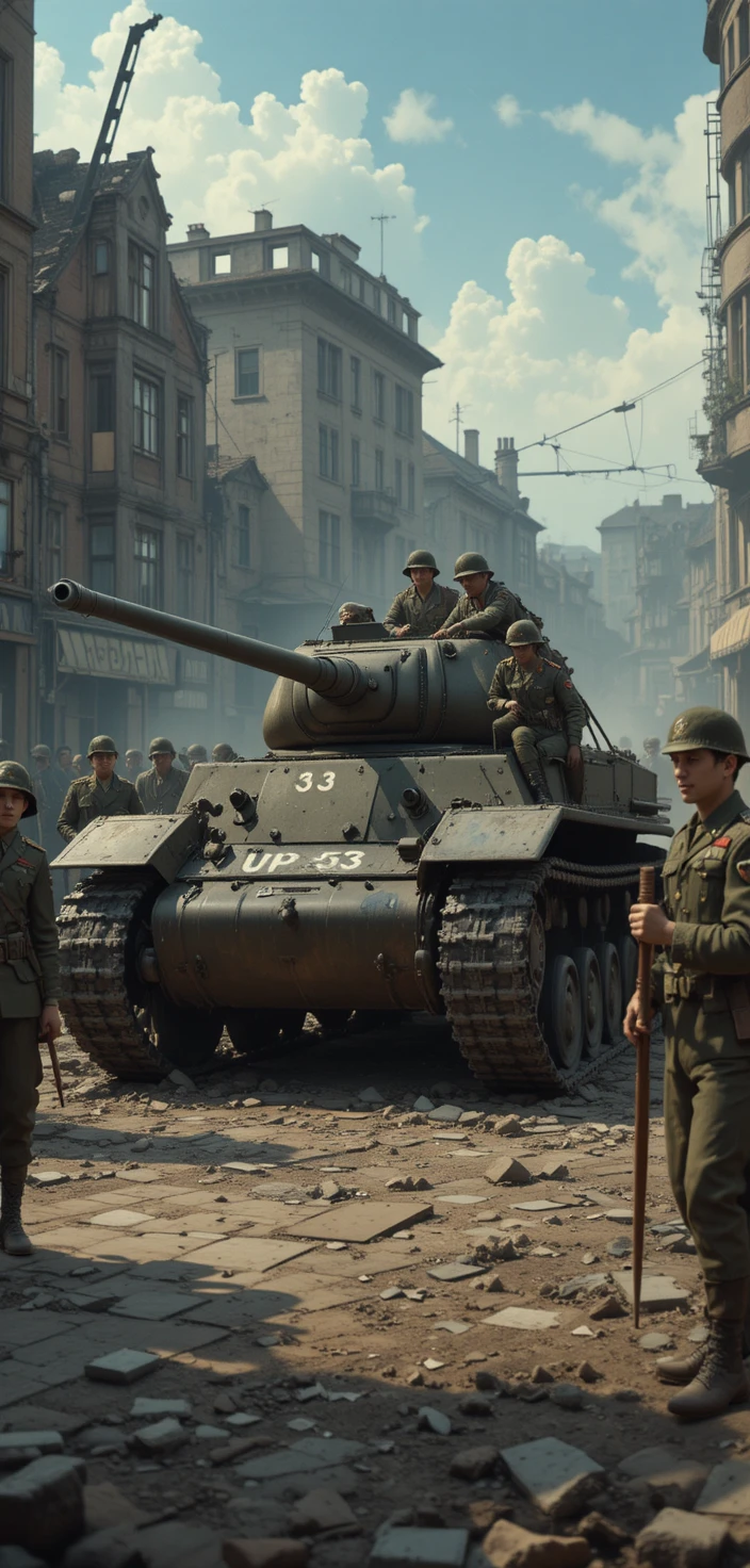 T 34 tank advancing through a ruined World War II city street