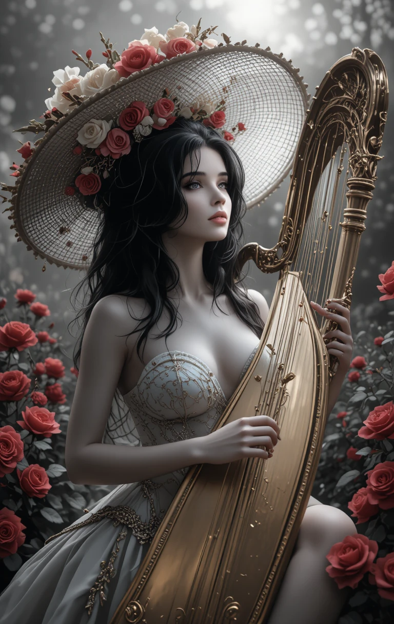 Woman in large flowered hat playing harp in rose garden