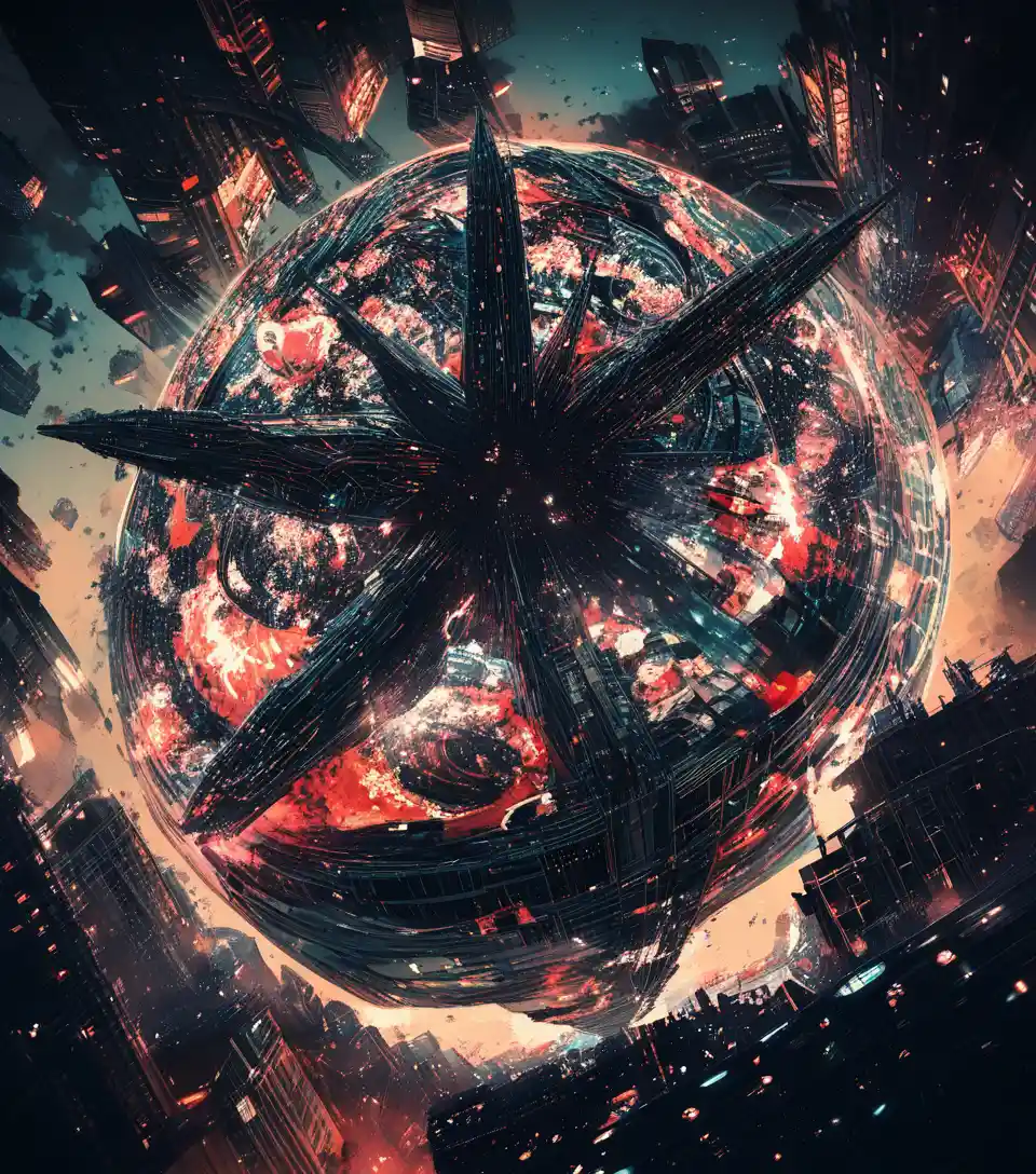 Torn night sky revealing colossal cosmic entities above city lights
