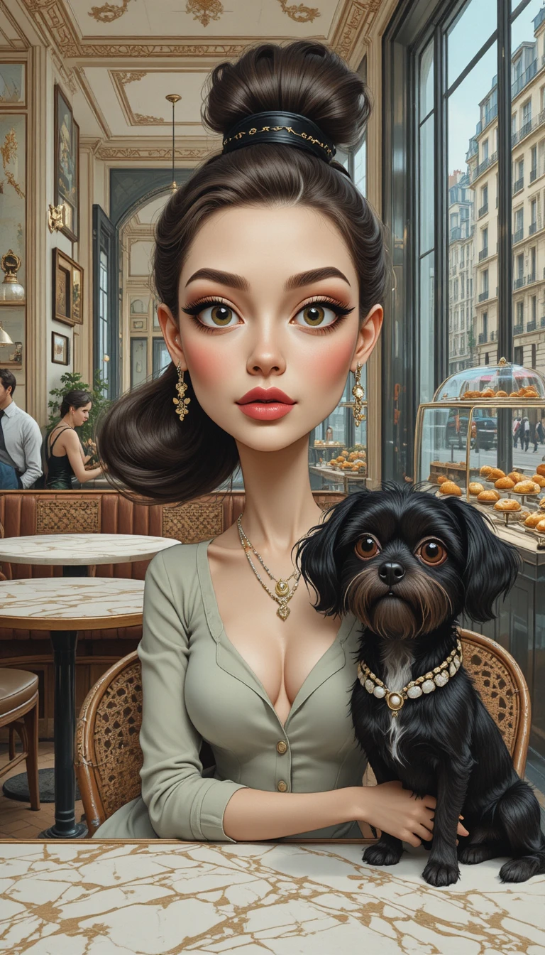 Surreal vintage woman and dog in a Parisian cafe