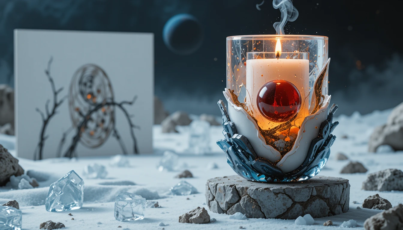 Surreal candle with ice cubes under a star filled cosmic sky