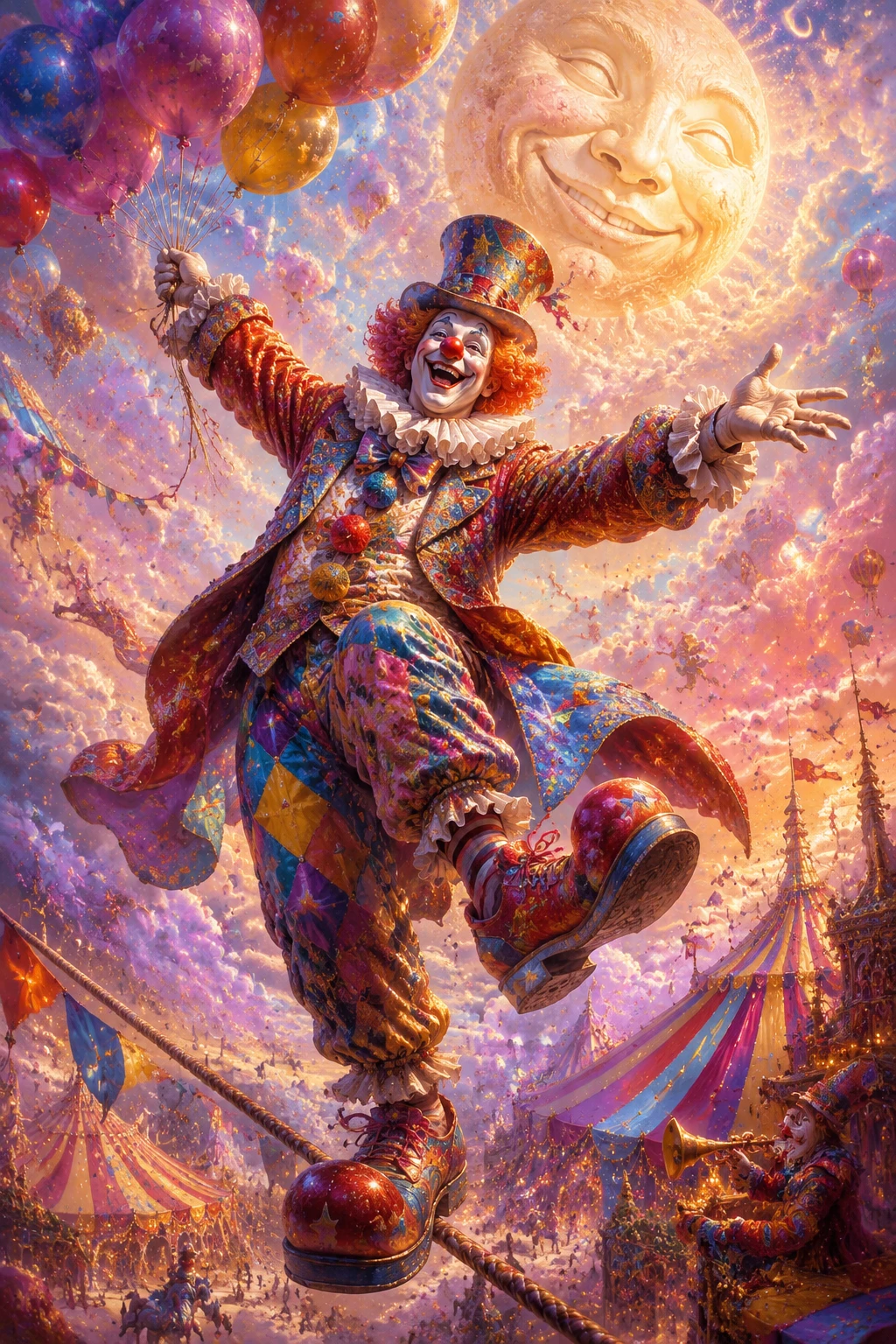 Joyful clown under a colorful candy sky with balloons
