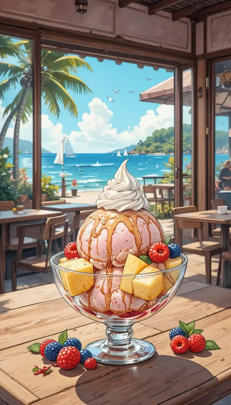 Raspberry ice cream dessert at a summer cafe by the ocean