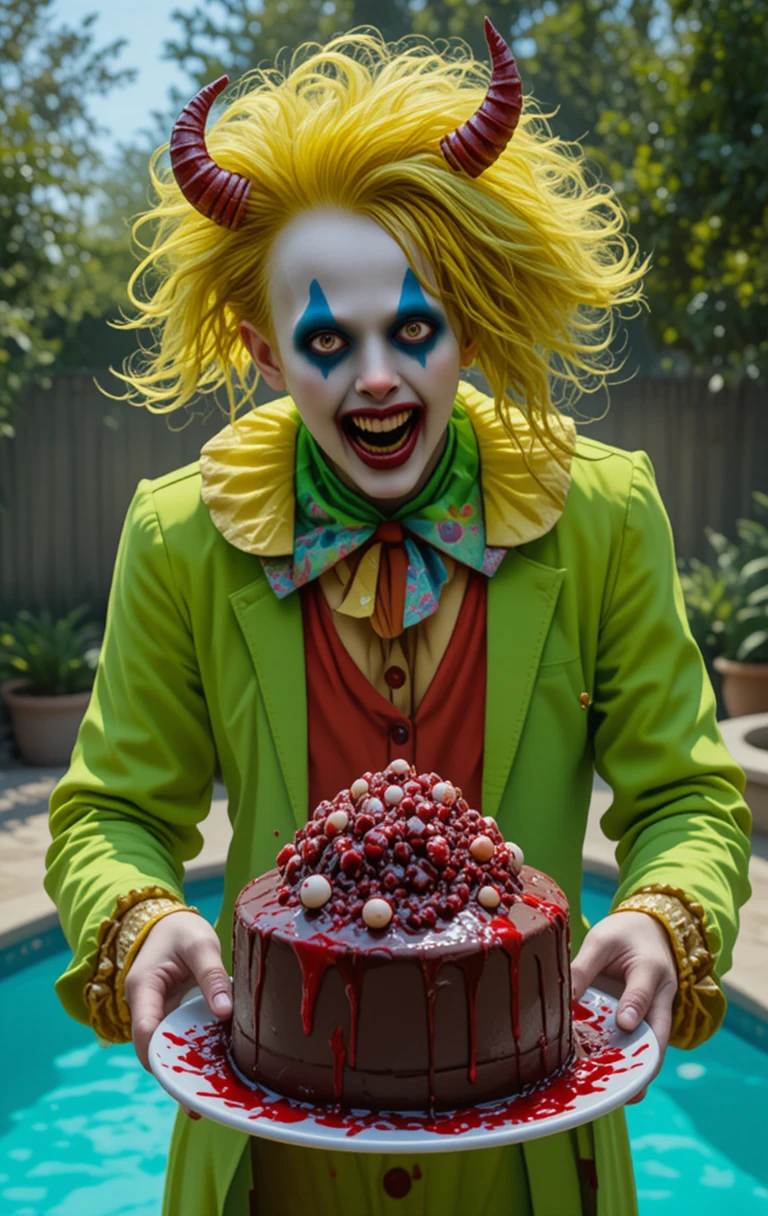 Creepy clown serving bloody chocolate cake by the pool