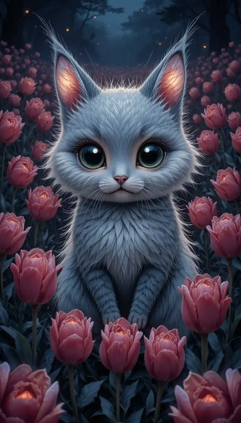 Fluffy gray creature glowing among burgundy tulips at night