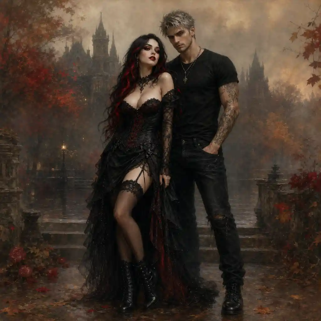 Gothic woman in thick fog oil painting with warm tones