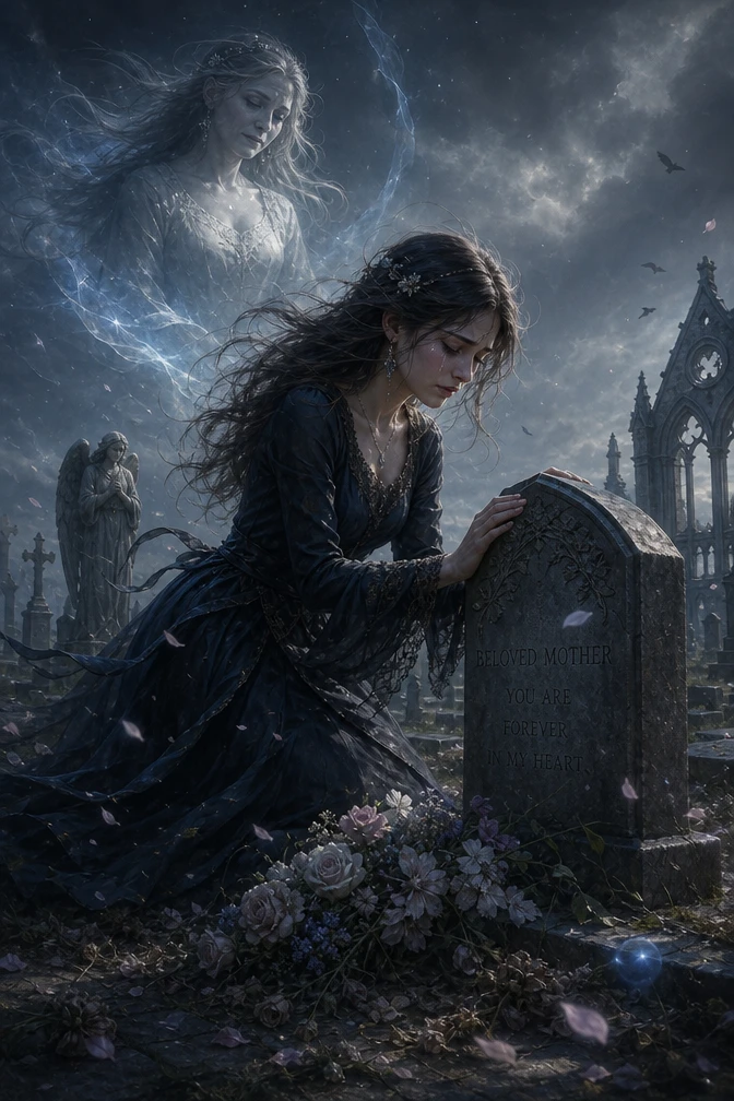 Young woman mourning at a grave in a quiet cemetery