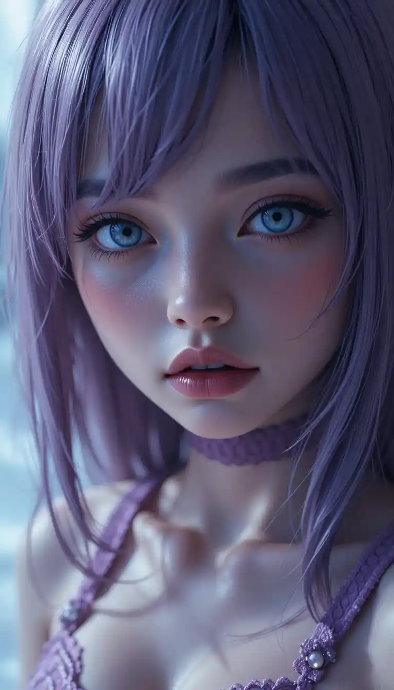 Photorealistic anime girl in violet outfit with surreal background