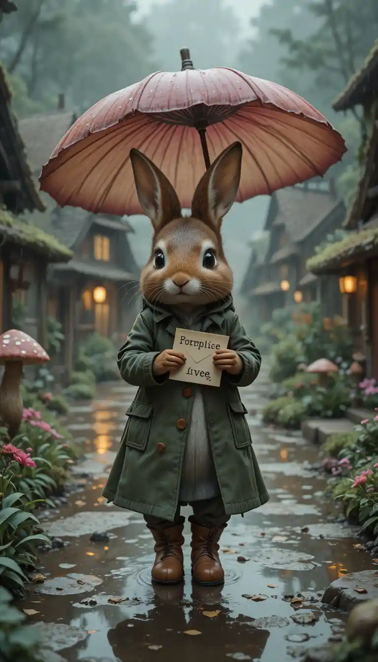 Rabbit Mail Carrier In Rainy Mushroom Cottage Village