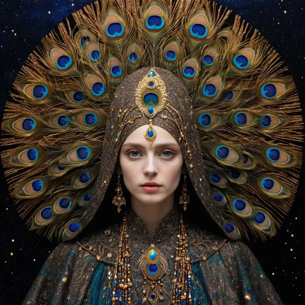 Woman portrait dissolving into celestial and ornamental patterns