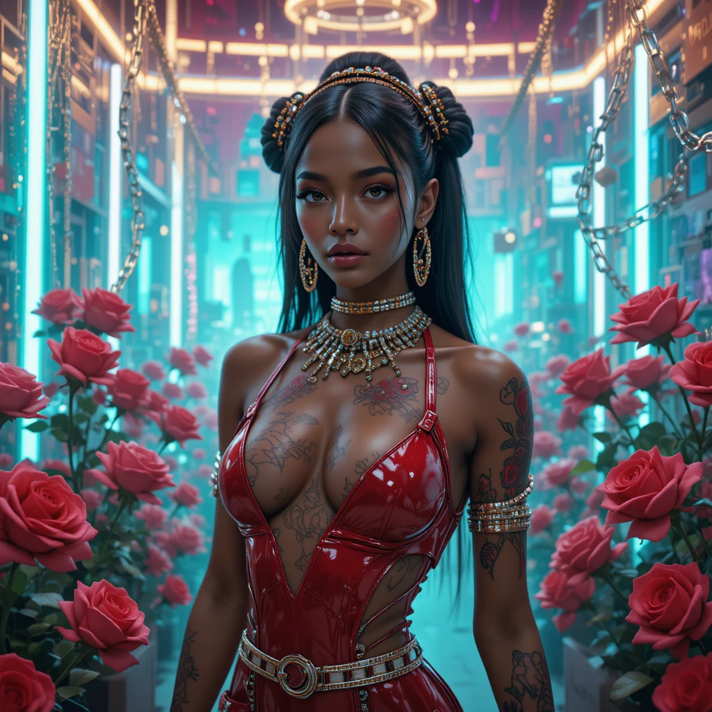 Cyberpunk heroine in neon studio fashion portrait