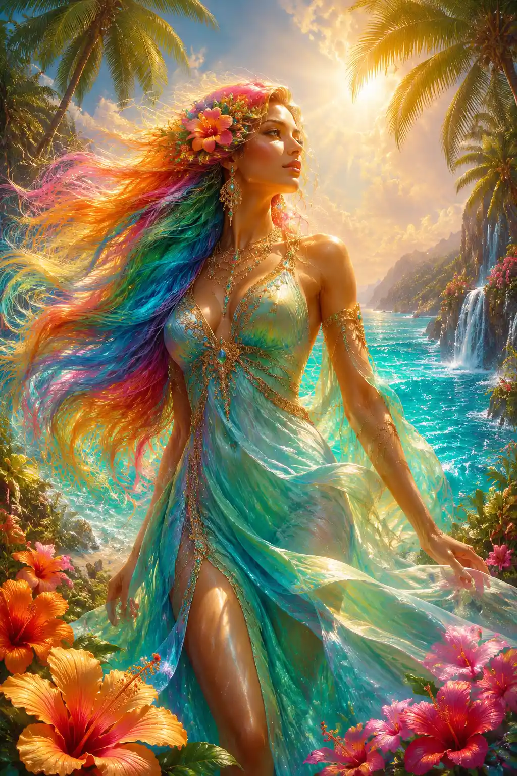Woman with rainbow hair by a turquoise tropical sea