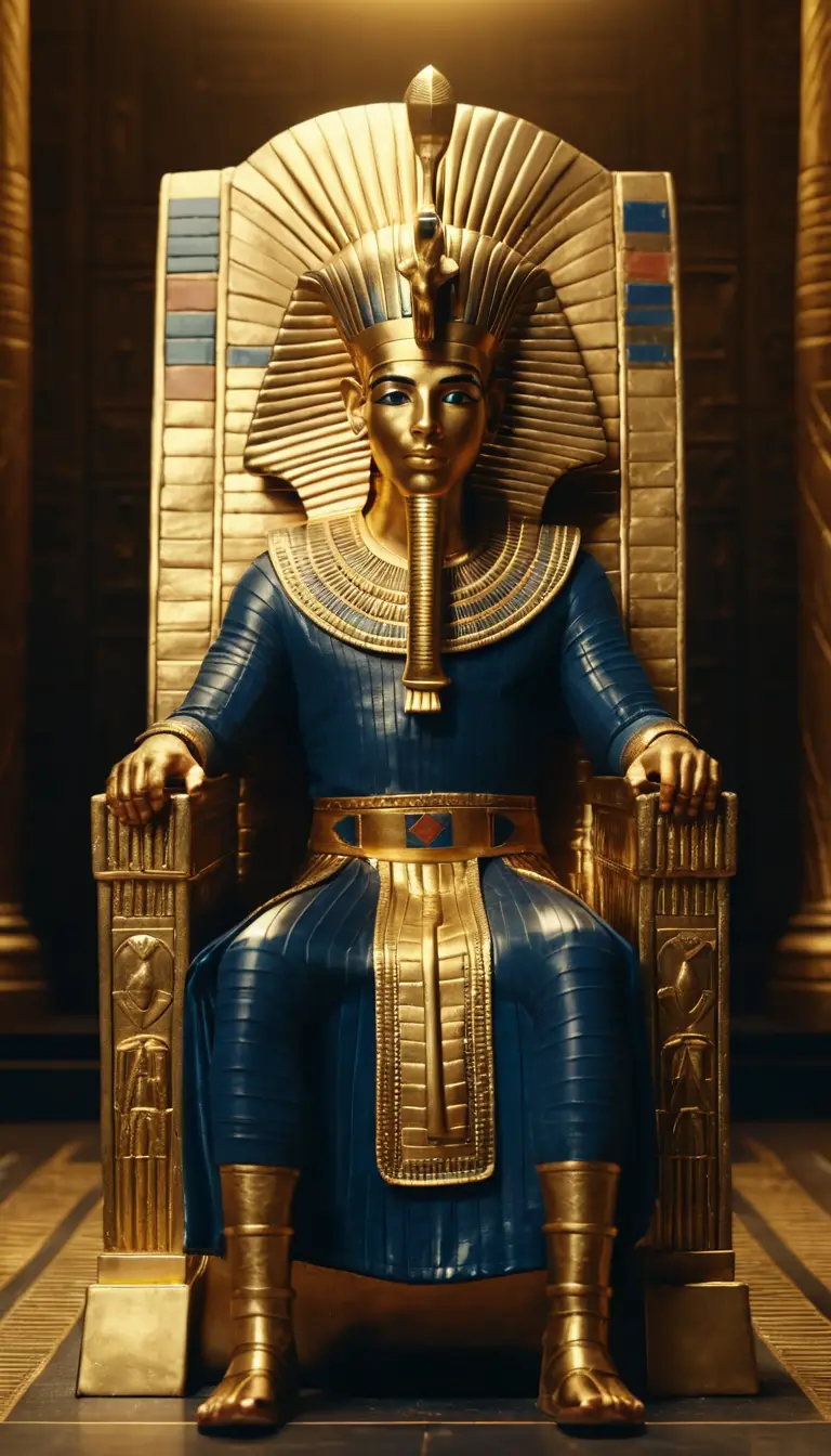 Young pharaoh seated on a golden throne in palace