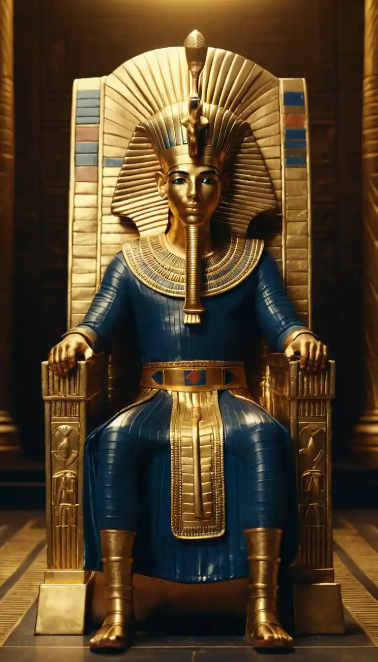 Young pharaoh seated on a golden throne in palace