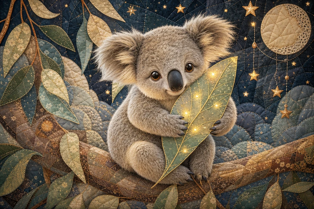 Paper koala joey hugging a glowing eucalyptus leaf