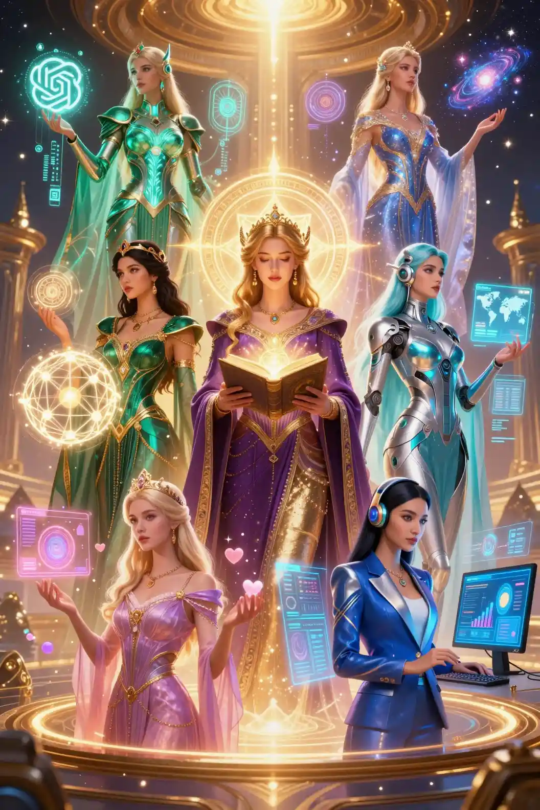 Seven celestial ai goddesses in a cosmic tech temple