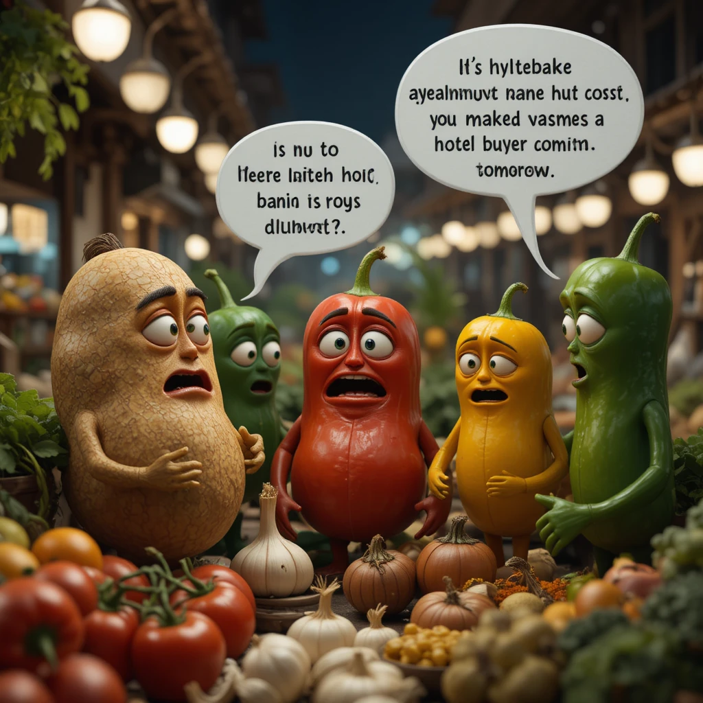 Talking vegetables in a cinematic night street market