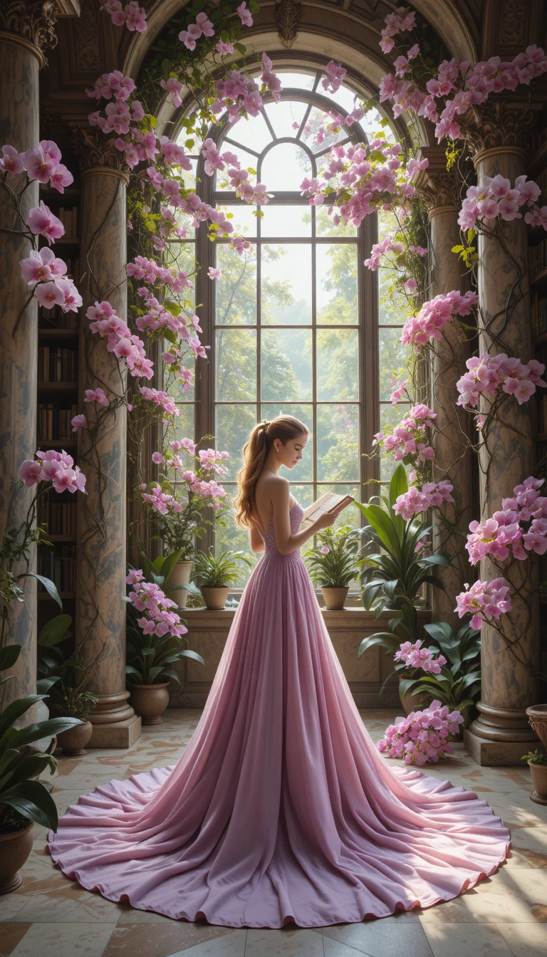 Elegant woman reading in a botanical marble column library