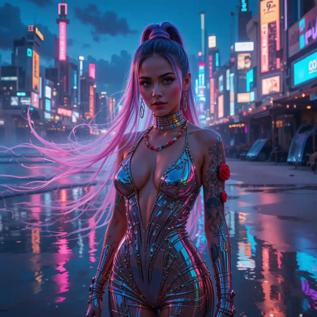 Cinematic portrait of a cyberpunk woman on neon beach skyline