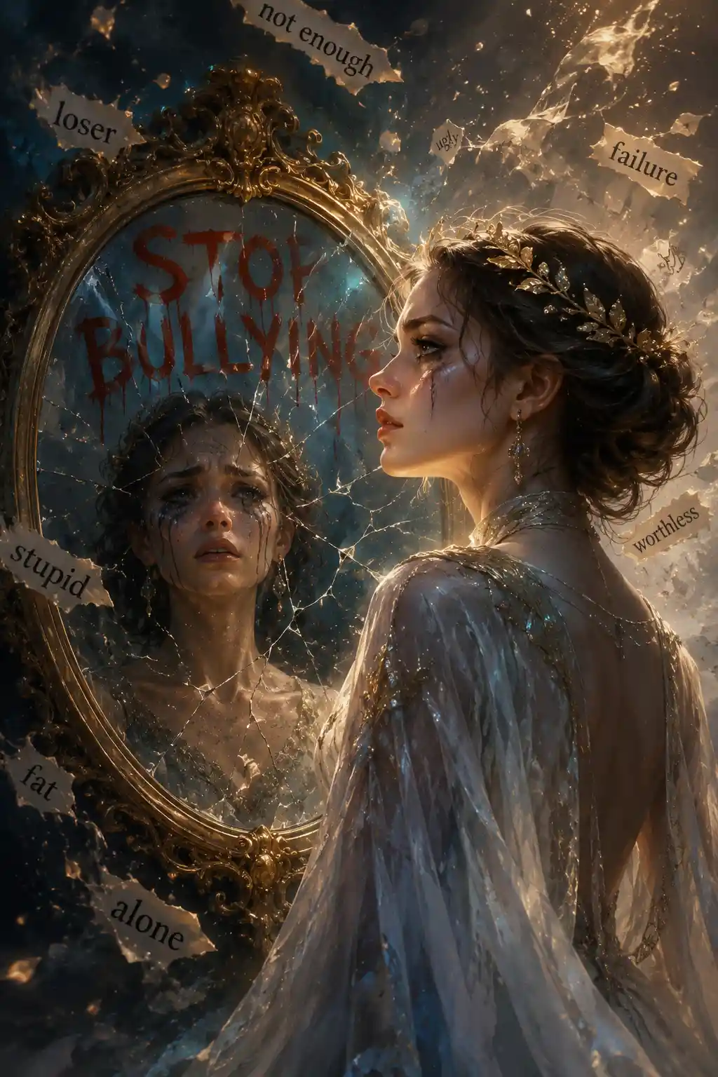 Strong woman facing her sad reflection in cracked mirror